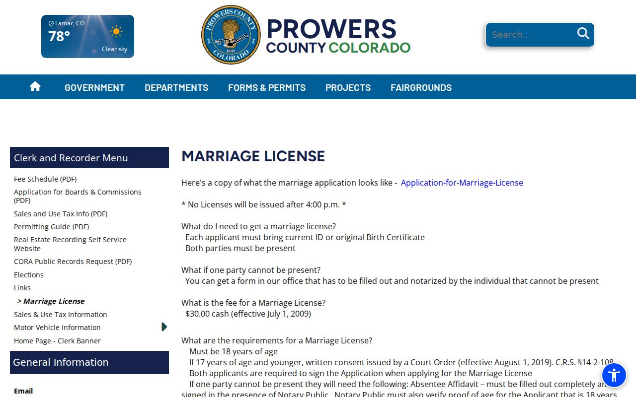 Prowers County Clerk of Court distinction from marriage license records