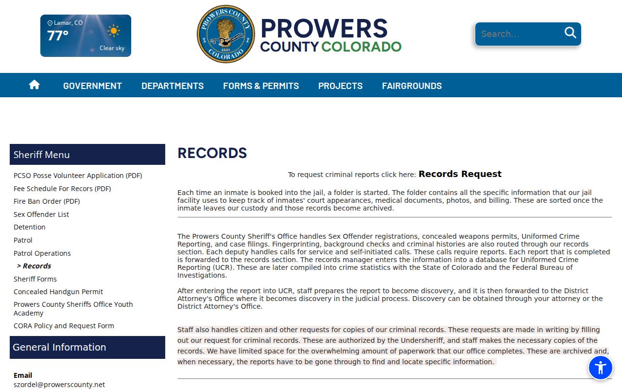 Prowers County arrest records sheriff records page