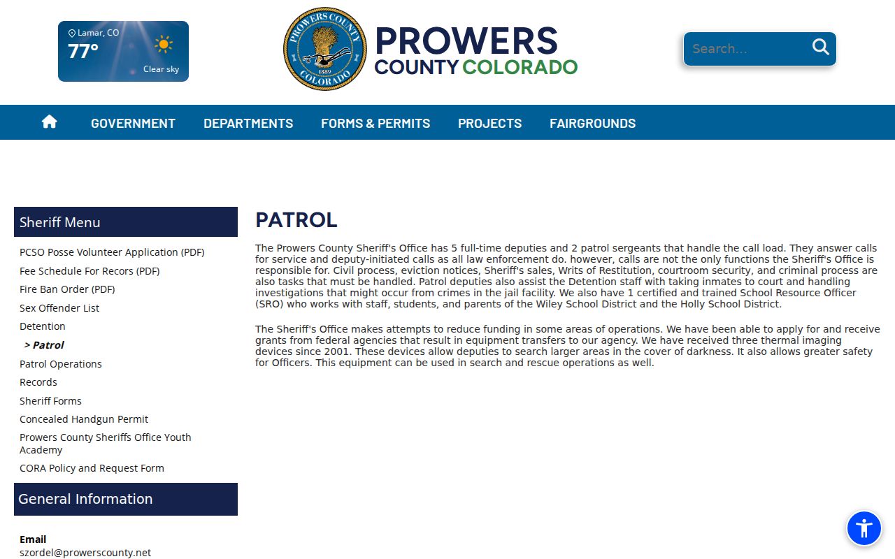 Prowers County arrest records sheriff patrol and court transport page