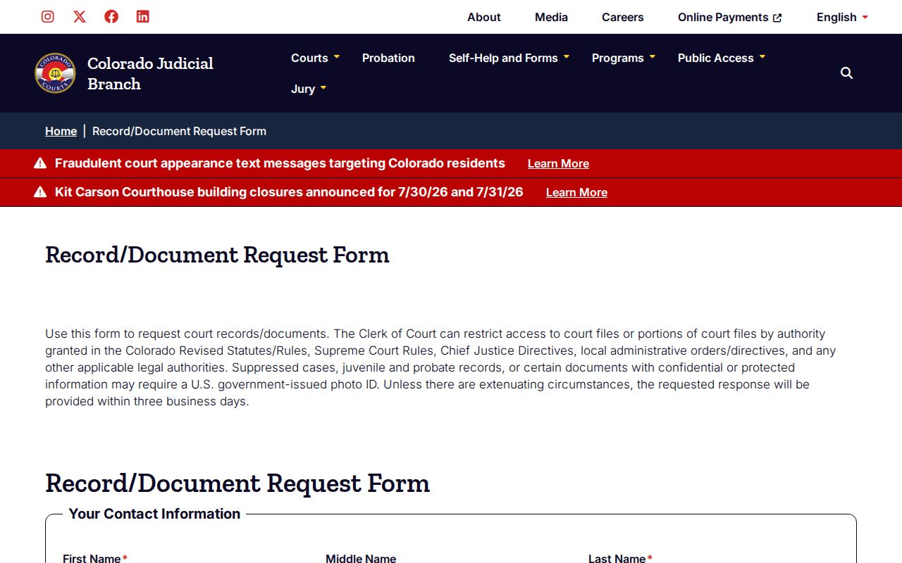 Prowers County court records statewide record document request form