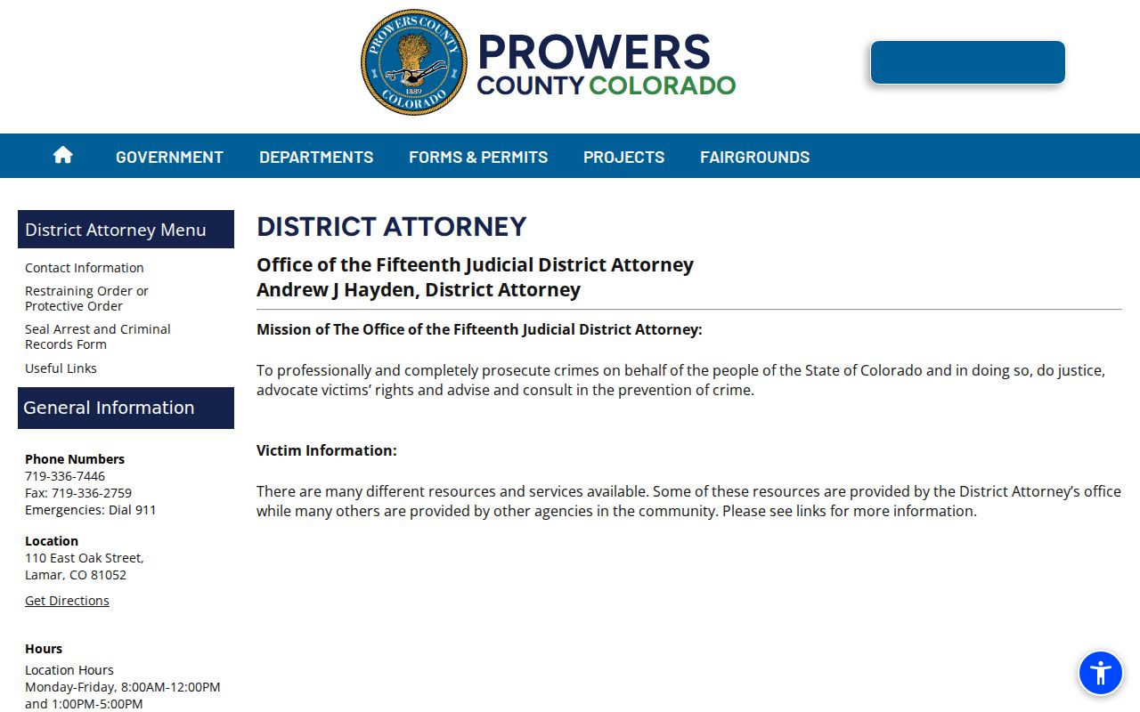 Prowers County criminal court records District Attorney office page