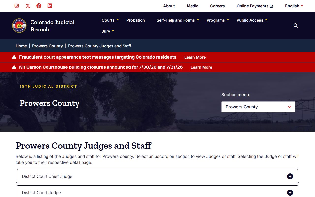 Prowers County District Court judges and staff records