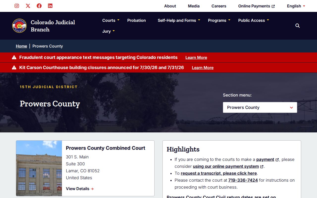 Prowers County court records Colorado Judicial Branch landing page