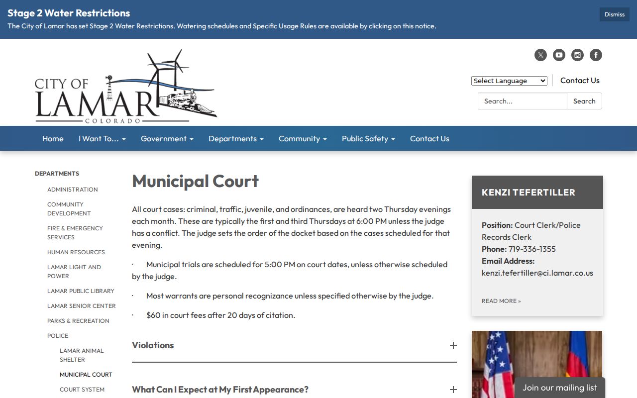 Prowers County traffic court records Lamar Municipal Court page