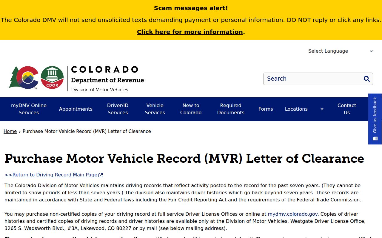 Prowers County traffic court records Colorado DMV MVR purchase page