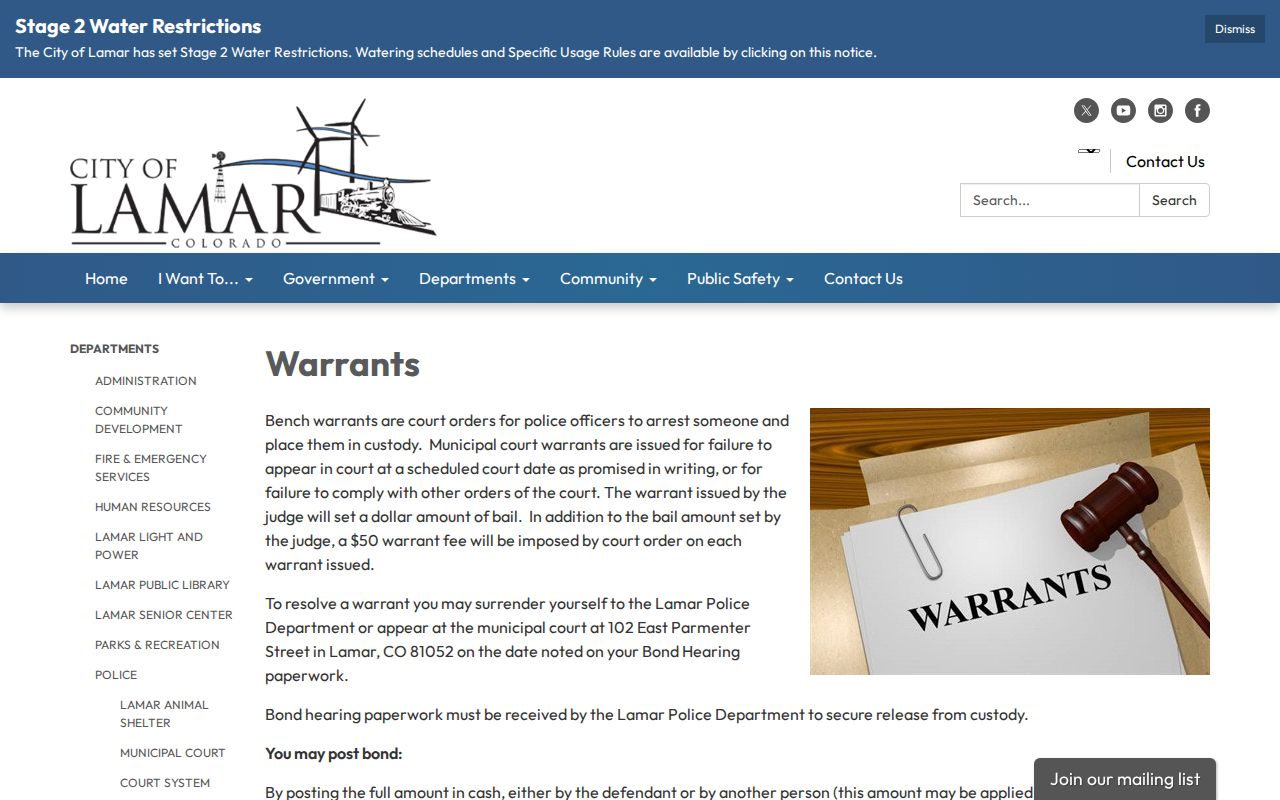 Prowers County warrant records City of Lamar warrants page
